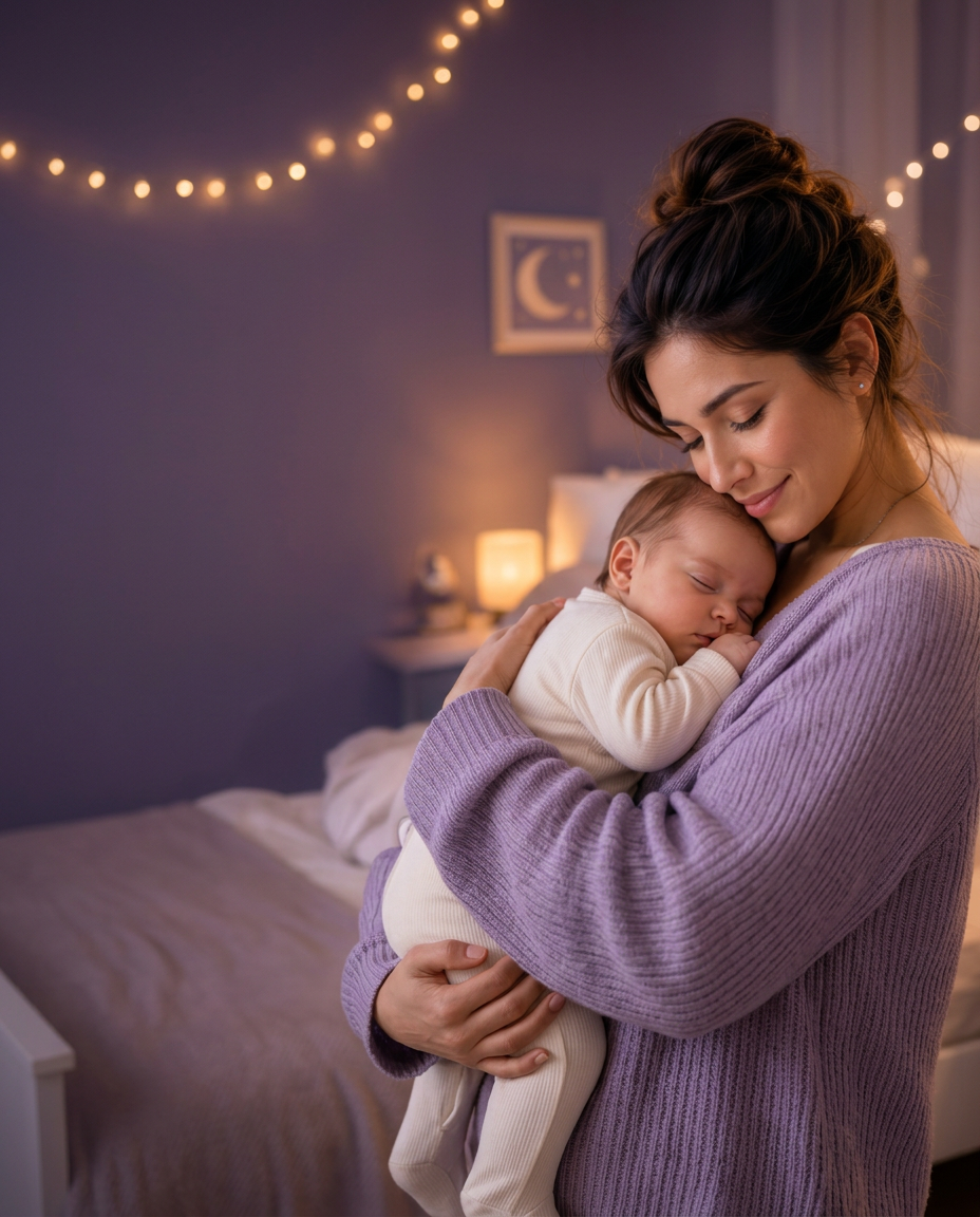 Mamá abrazando a su bebé dormido en una habitación cálida